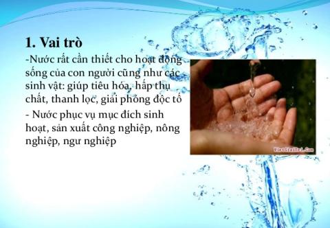 Vai trò của nước  giải pháp bảo vệ nguồn nước sạch sức khỏe là tài sản lớn nhất của con người .