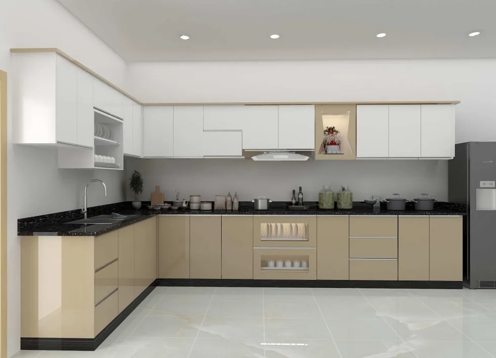 Minh họa tủ bếp khung inox cánh nhôm bố trí chữ I và chữ L theo không gian