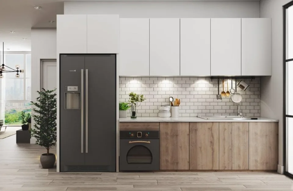Minh họa kết cấu thùng tủ bếp inox kết hợp cánh Acrylic và phụ kiện bản lề