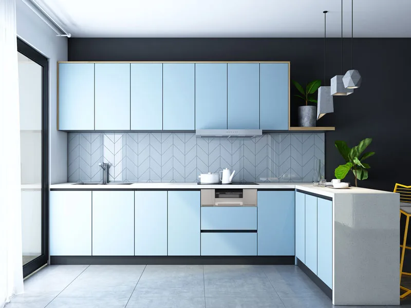 Minh họa kiểm tra mép cánh nhôm khe cửa và bản lề khi nghiệm thu tủ bếp