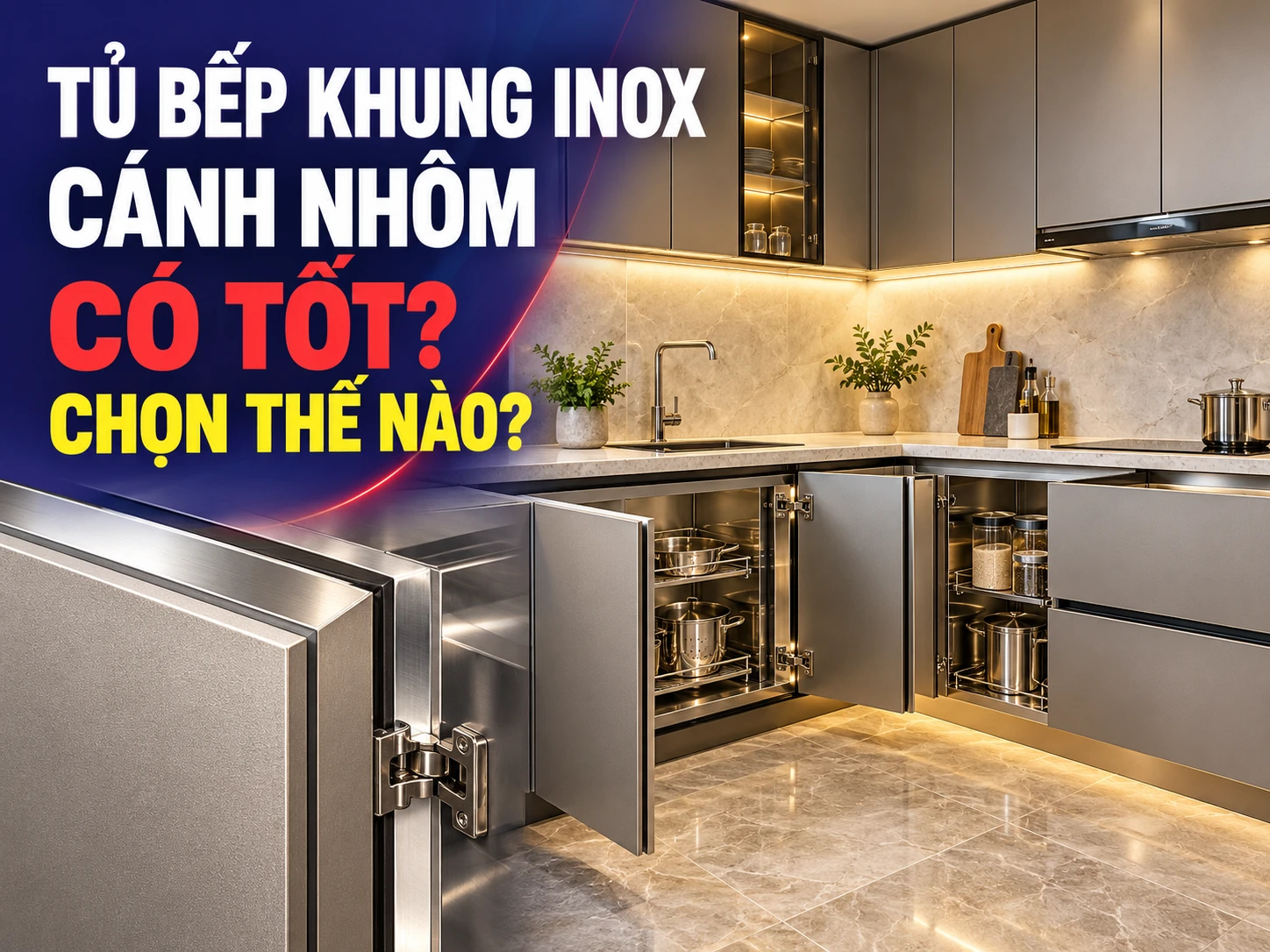 Tủ bếp khung inox cánh nhôm minh họa không gian bếp với tủ trên và tủ dưới