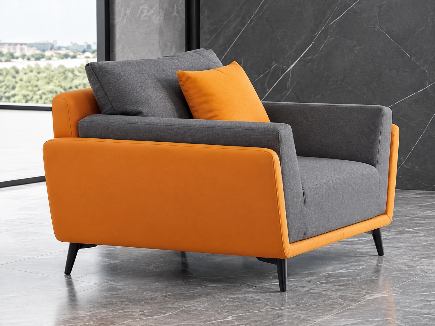 Bộ sofa HT-2218 màu xám phối cam với ghế đơn và bàn trà trong không gian tiếp khách
