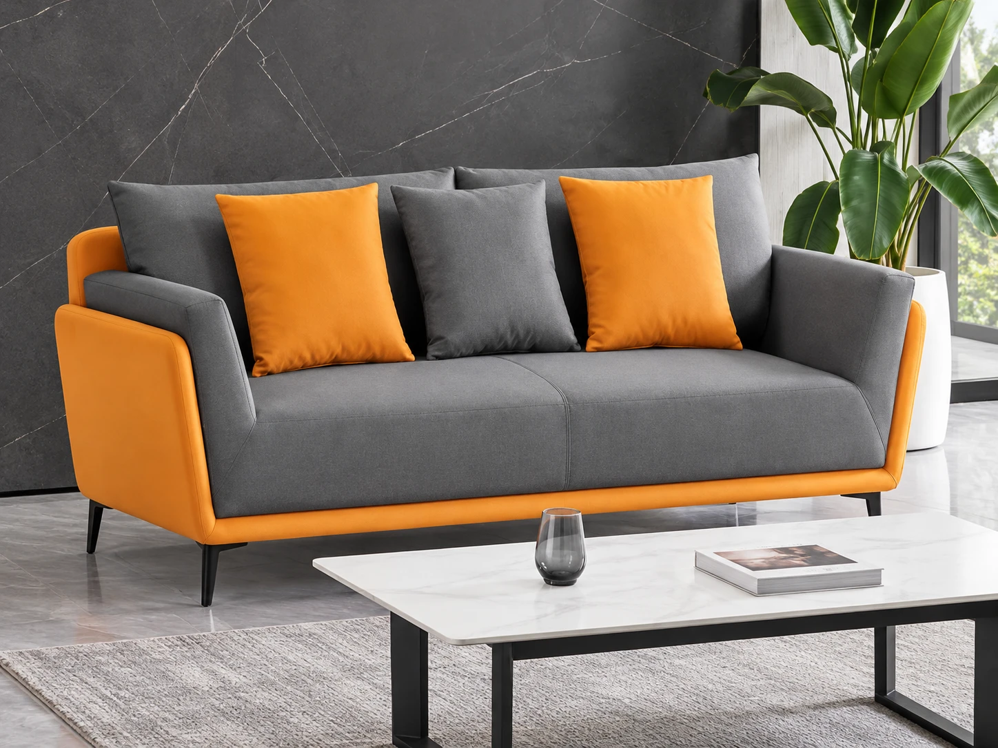 Sofa văng màu xám phối cam tay vịn vuông chân cao hiện đại