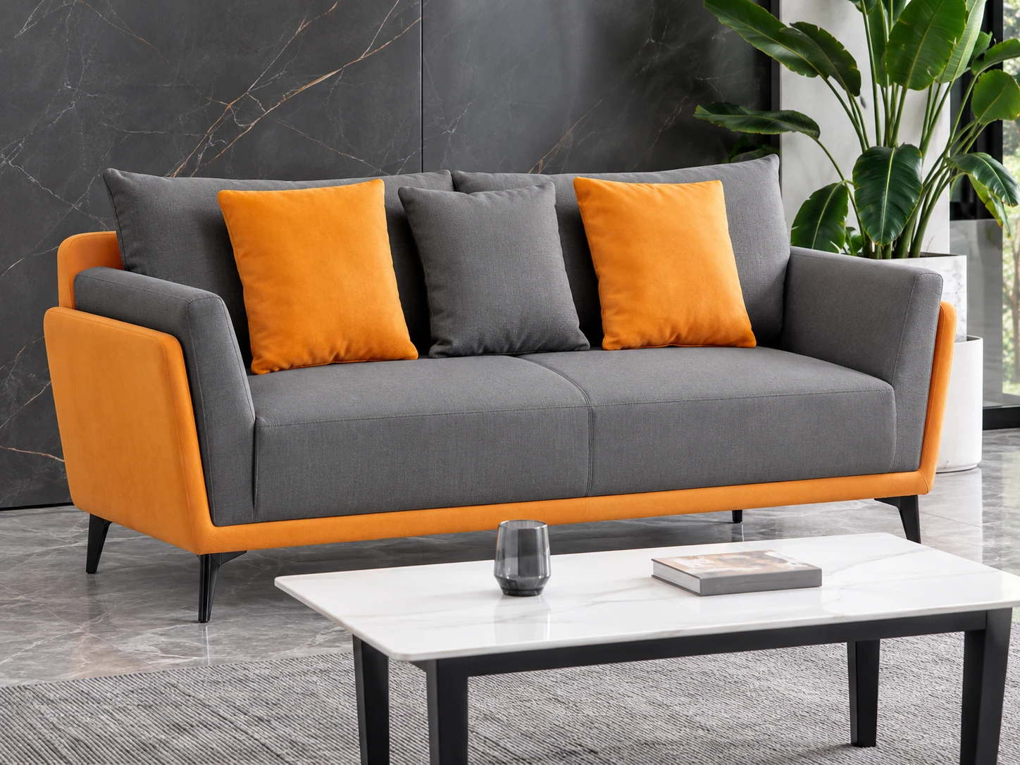 Sofa văng màu xám phối cam kết hợp ghế đơn và bàn trà trong phòng khách hiện đại