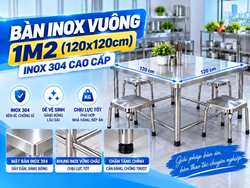 Bàn Inox Vuông 1m2 - Bàn Vuông 120x120cm Inox 304