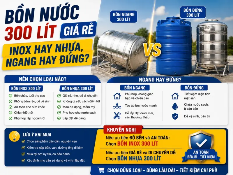 Bồn Nước 300 Lít Giá Rẻ: Inox Hay Nhựa, Ngang Hay Đứng?