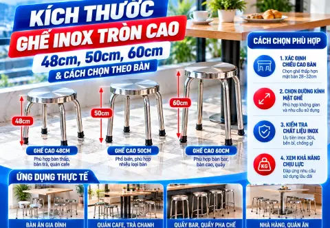 Kích Thước Ghế Inox Tròn Cao: 48cm, 50cm, 60cm & Cách Chọn Theo Bàn