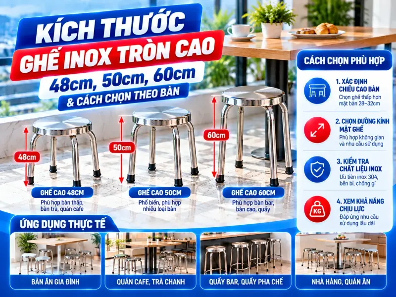 Kích Thước Ghế Inox Tròn Cao: 48cm, 50cm, 60cm & Cách Chọn Theo Bàn