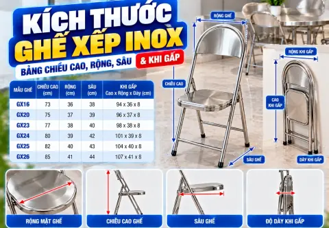 Kích Thước Ghế Xếp Inox: Bảng Chiều Cao, Rộng, Sâu & Khi Gấp