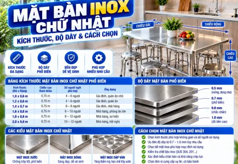 Mặt Bàn Inox Chữ Nhật: Kích Thước, Độ Dày & Cách Chọn