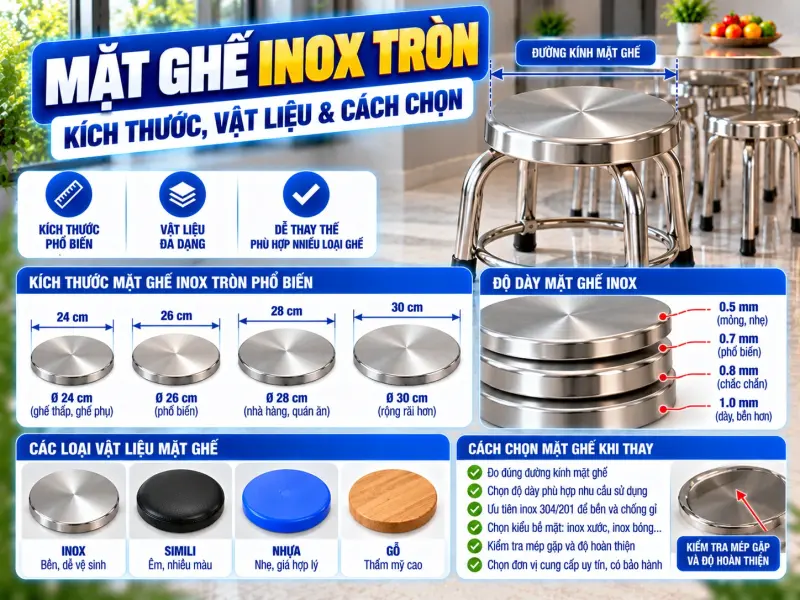Mặt Ghế Inox Tròn: Kích Thước 28-34cm & Cách Chọn Khi Thay