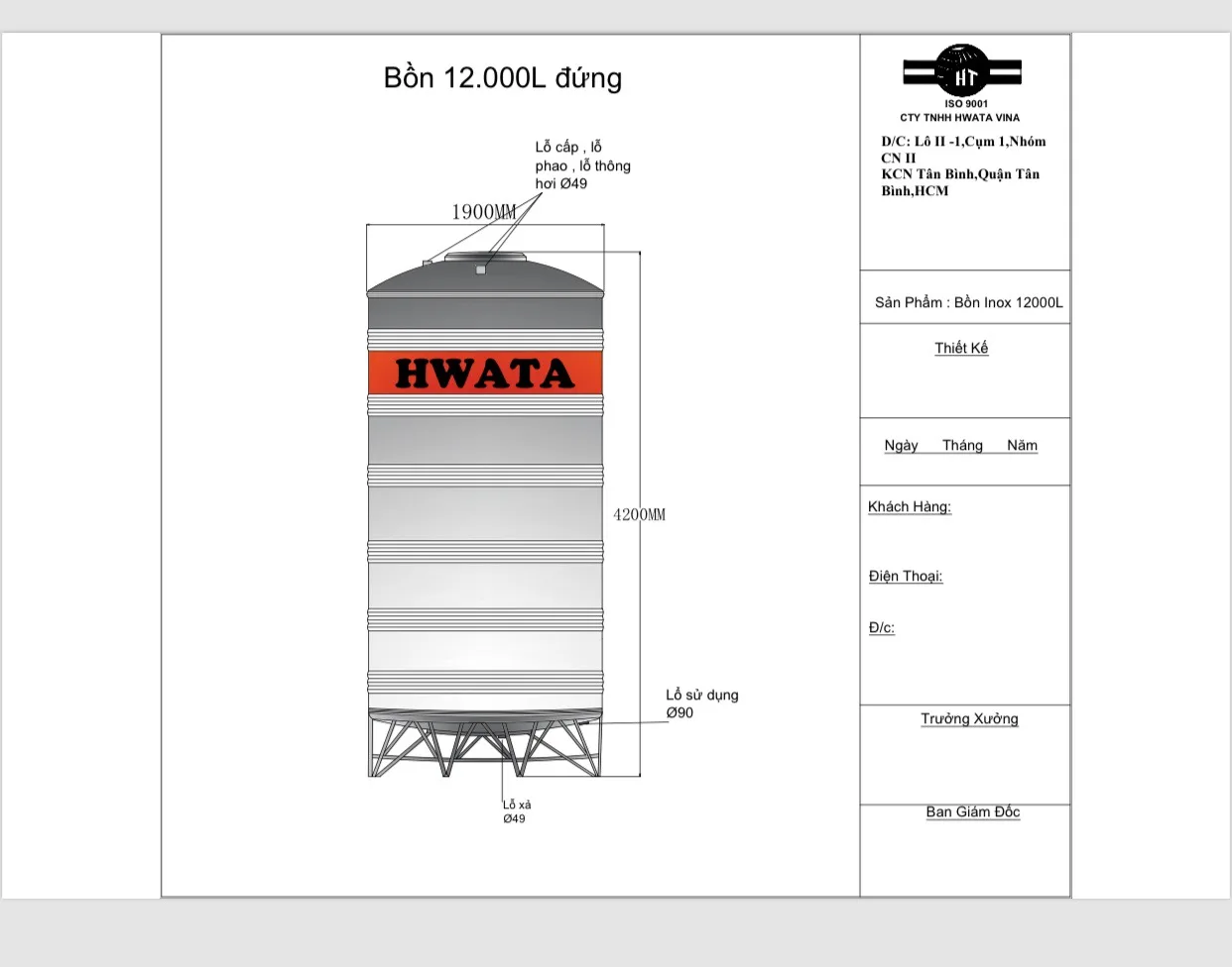 Bản vẽ kỹ thuật Bồn Nước Inox Hwata 12000L Đứng H12000D Bản vẽ kỹ thuật Bồn Nước Inox Hwata 12000L Đứng H12000D