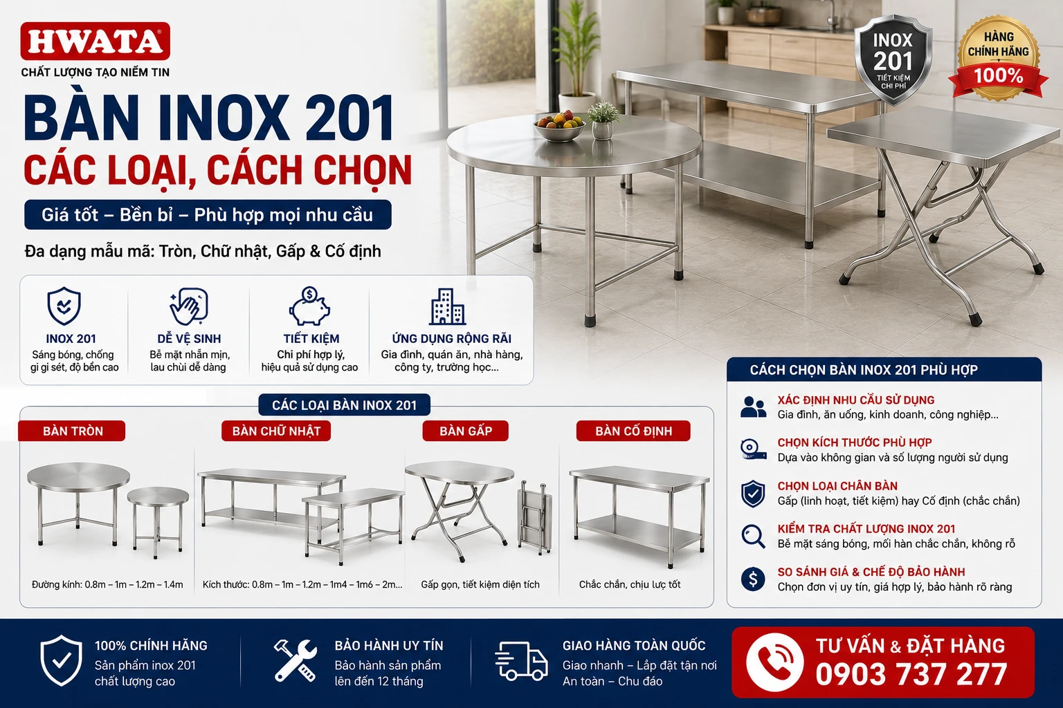 Các kiểu bàn inox 201 tròn chữ nhật và gấp