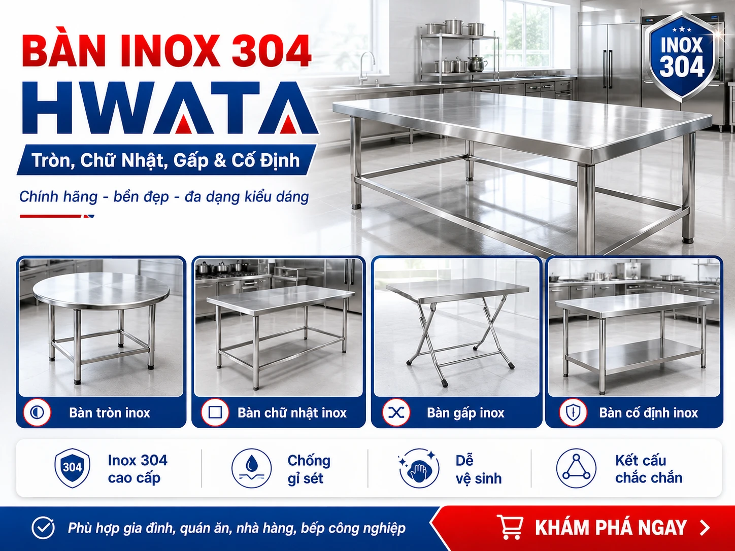 Bàn inox 304 Hwata tròn chữ nhật gấp và cố định