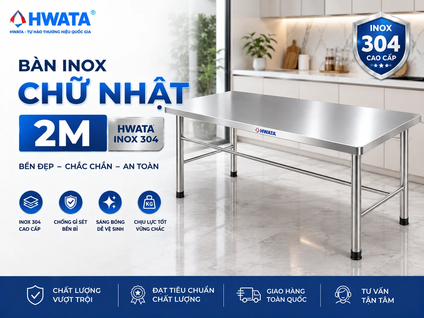 Bàn inox chữ nhật 2m HWATA BCN6 BCN7 BCN8 Bàn inox chữ nhật 2m Hwata BCN6 BCN7 BCN8