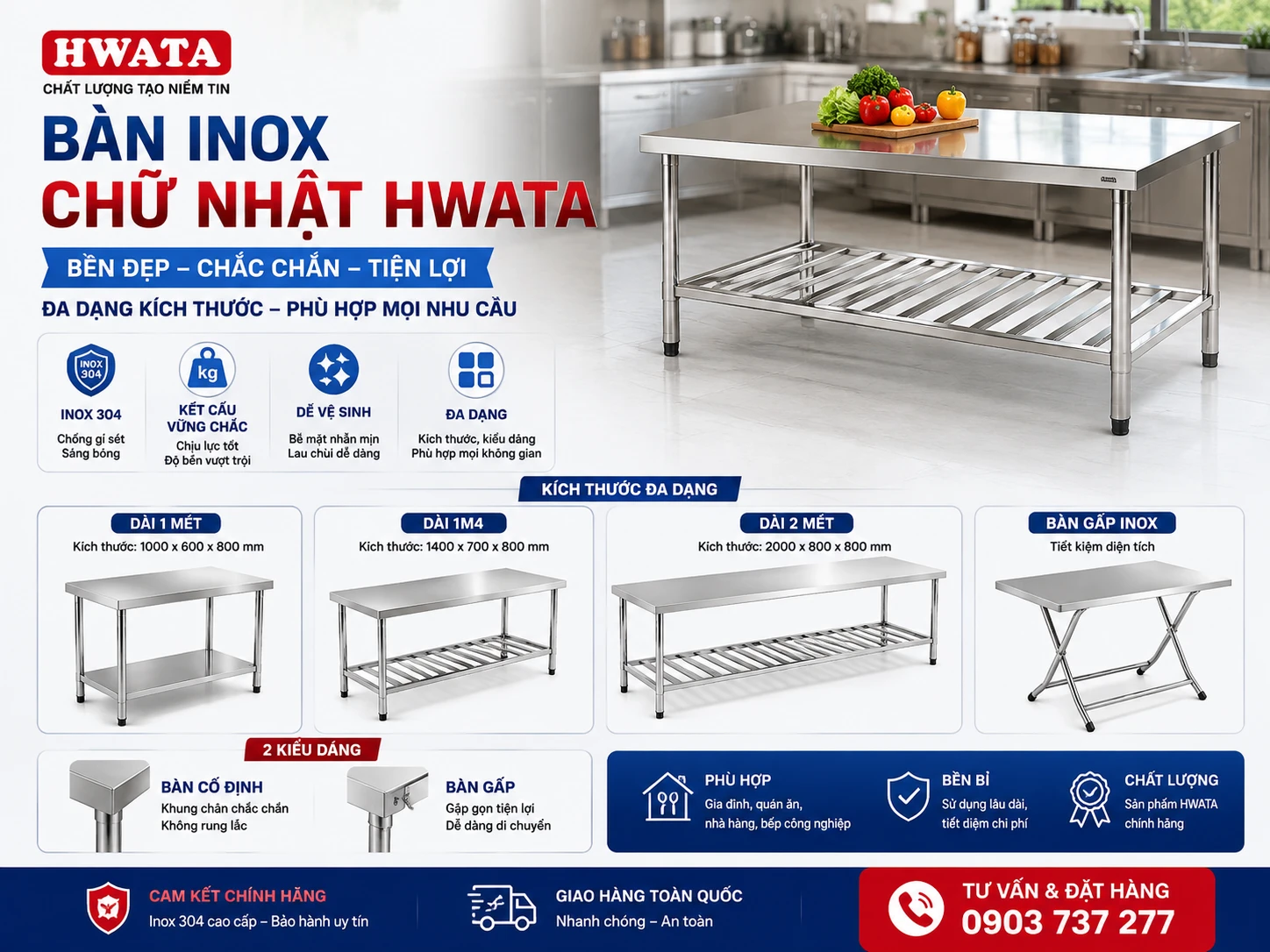 Bàn inox chữ nhật Hwata 1m 1m1 1m4 và 2m