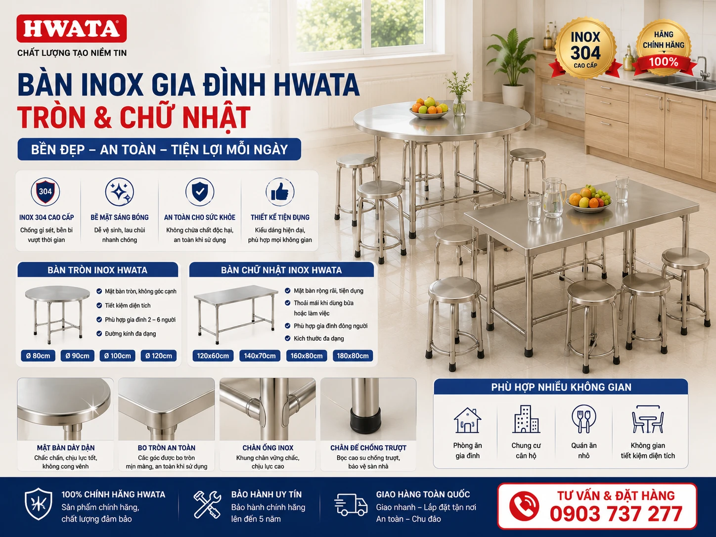 Bàn inox gia đình HWATA tròn và chữ nhật Bàn inox gia đình Hwata tròn và chữ nhật