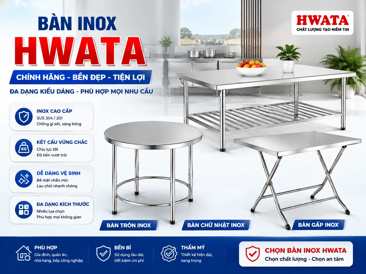 Bàn inox Hwata tròn chữ nhật gấp và cố định