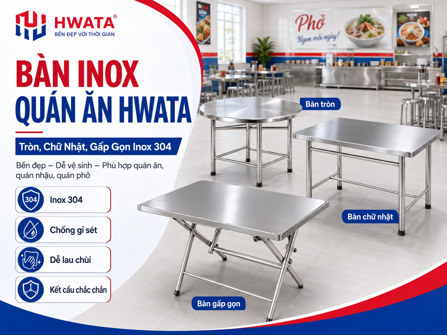 Bàn inox quán ăn HWATA tròn và chữ nhật Bàn inox quán ăn Hwata tròn và chữ nhật
