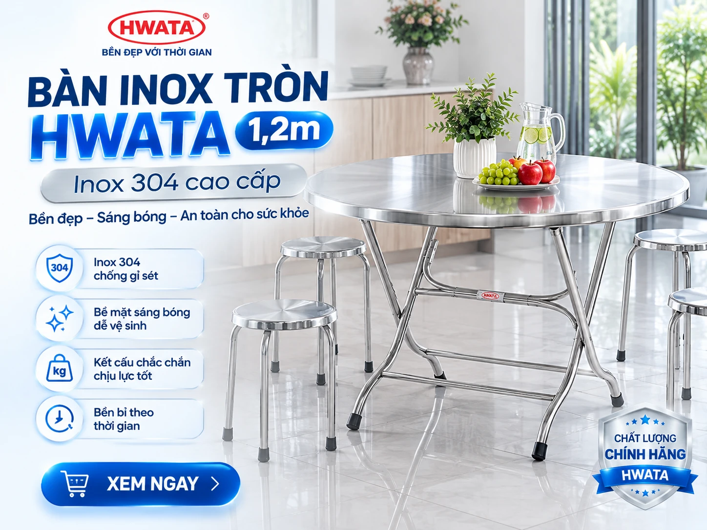 Bàn inox tròn 1m2 Hwata BT12 inox 304
