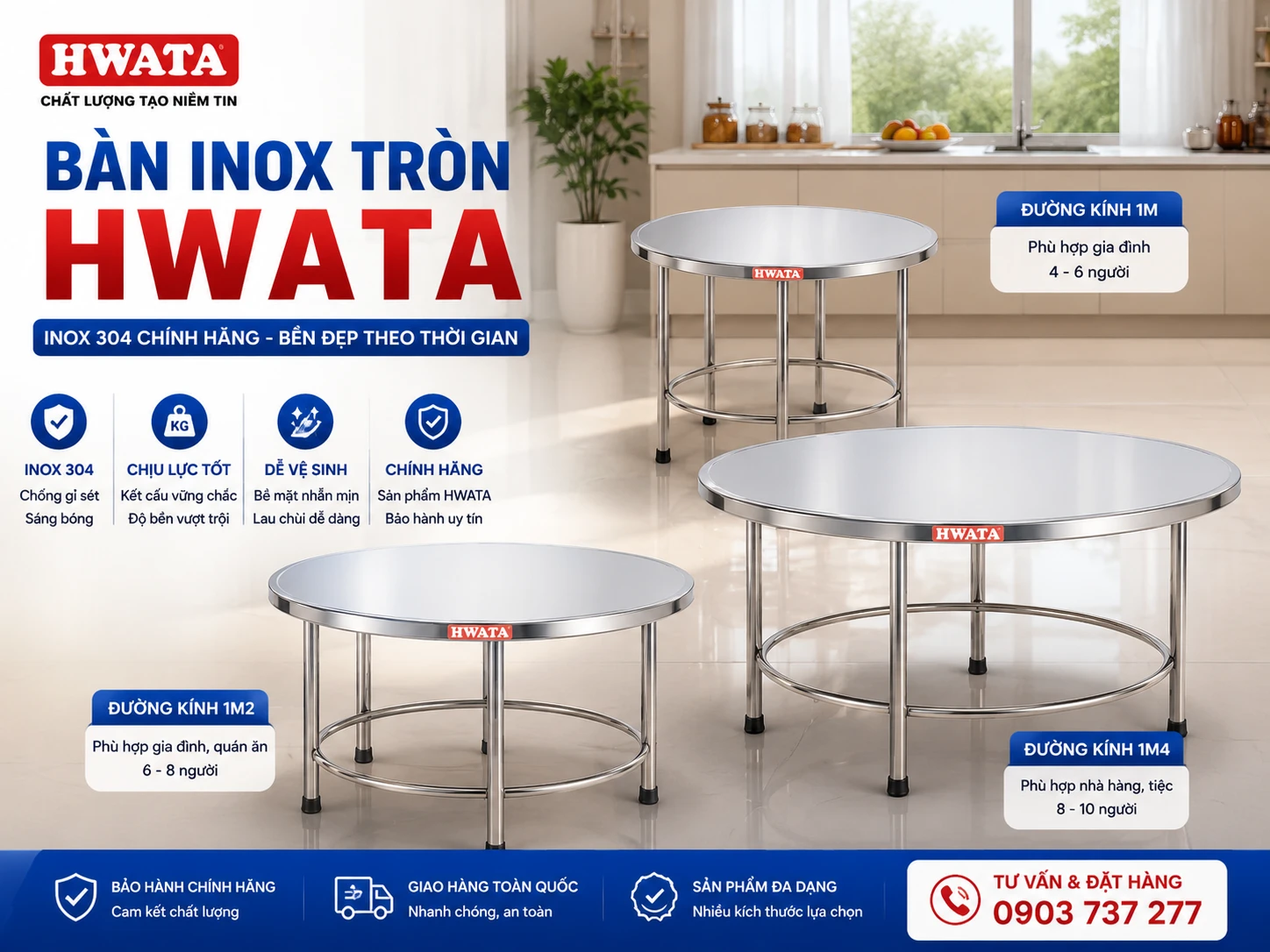 Bàn inox tròn Hwata 1m 1m2 và 1m4