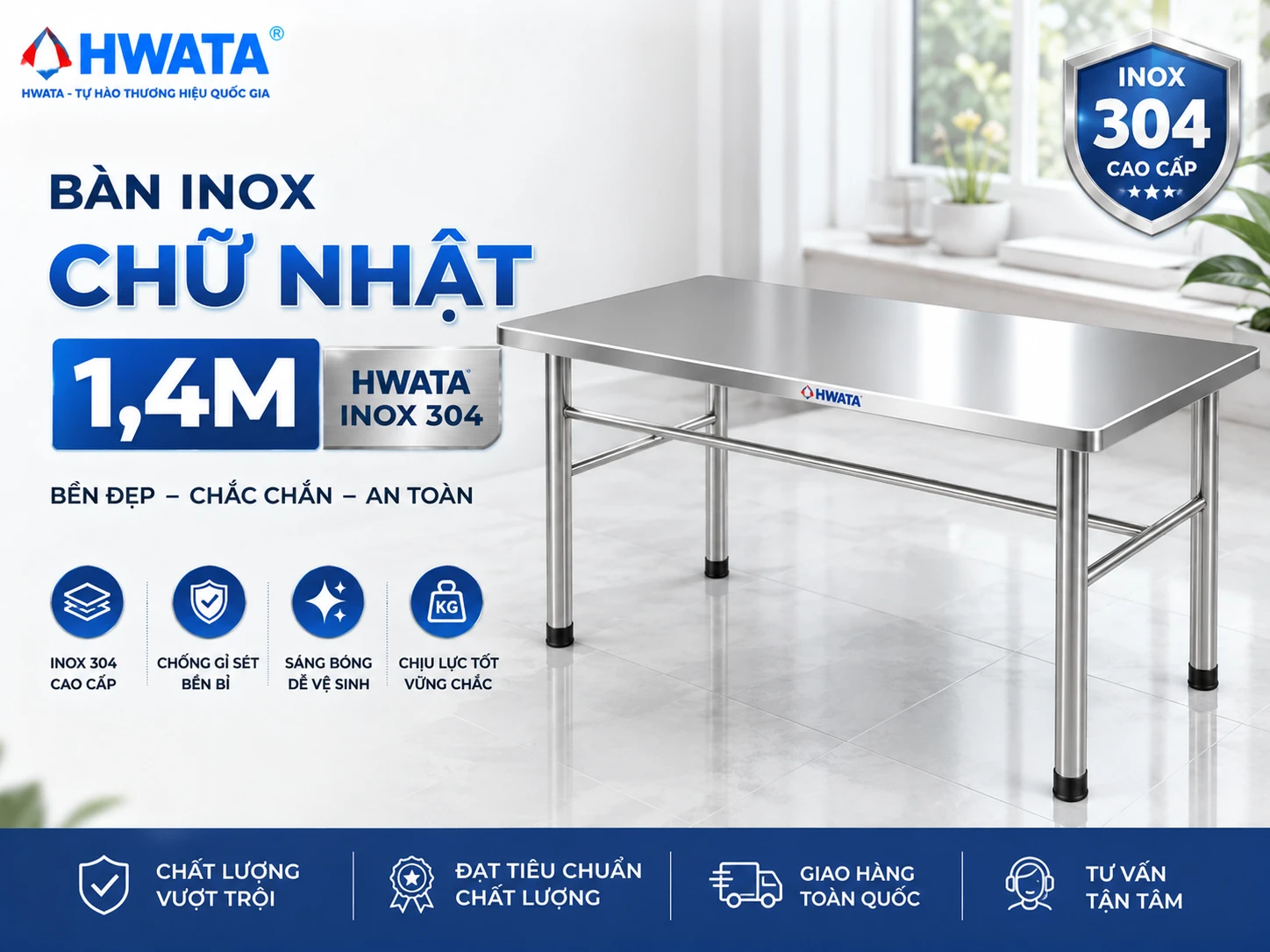 Bàn inox chữ nhật 1,4m HWATA BCN3 SUS304 Bàn inox chữ nhật 1m4 Hwata BCN3 inox 304