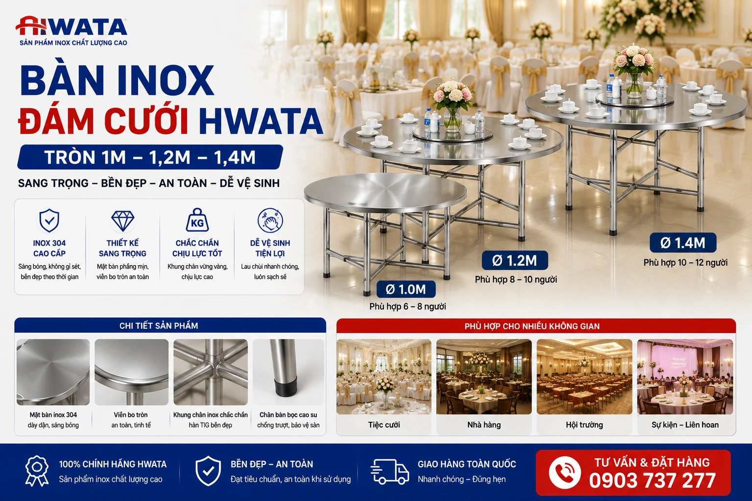 Bàn inox đám cưới Hwata tròn 1m 1m2 1m4