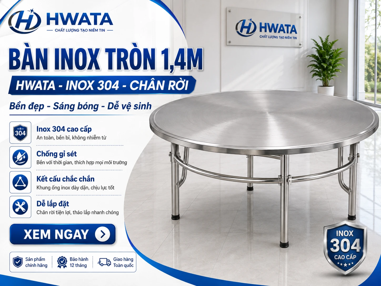 Bàn inox tròn 1,4m HWATA BT14 SUS304 chân rời Bàn inox tròn 1,4m Hwata BT14 inox 304 chân rời