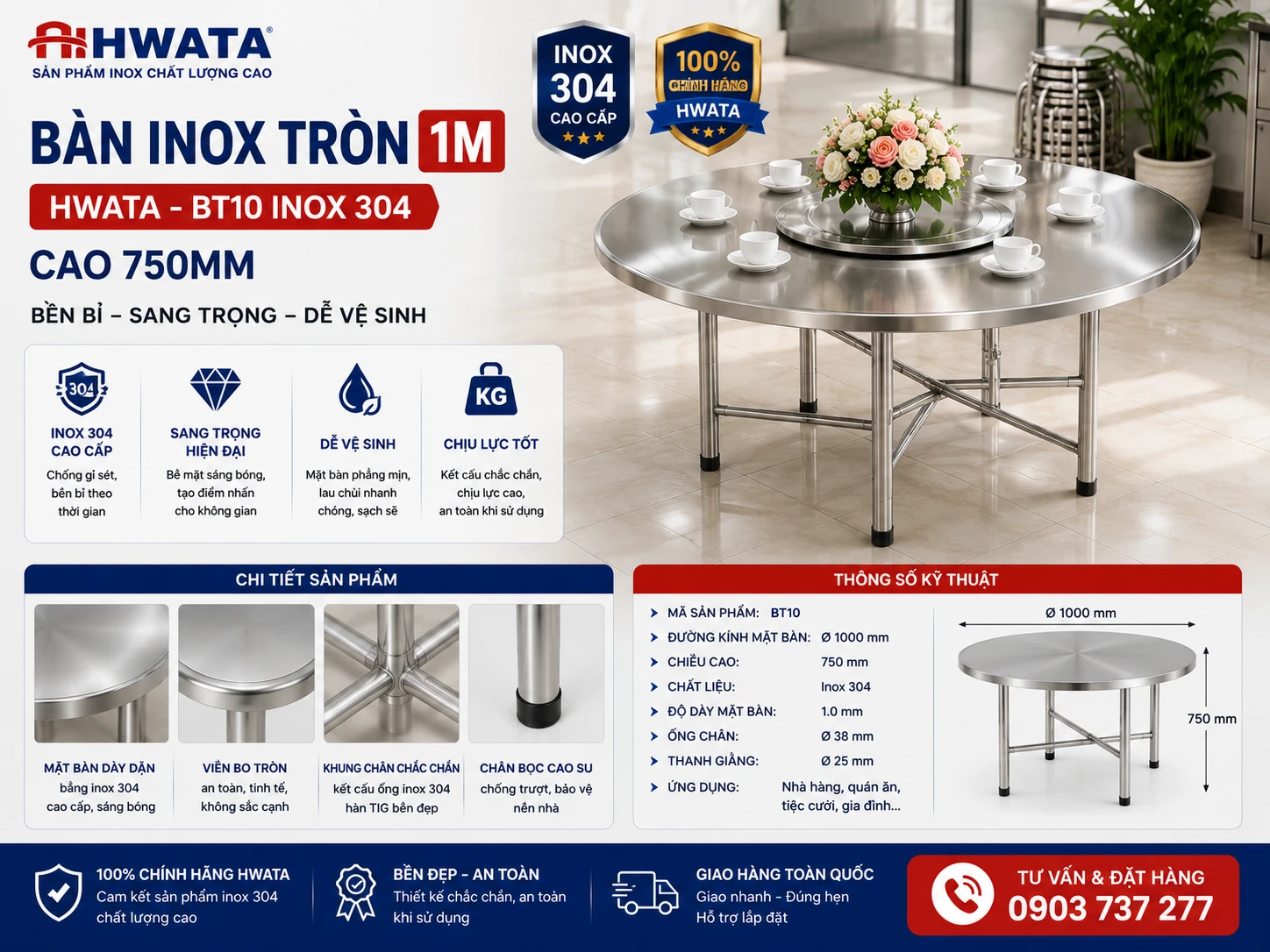 Bàn inox tròn 1m Hwata BT10 inox 304