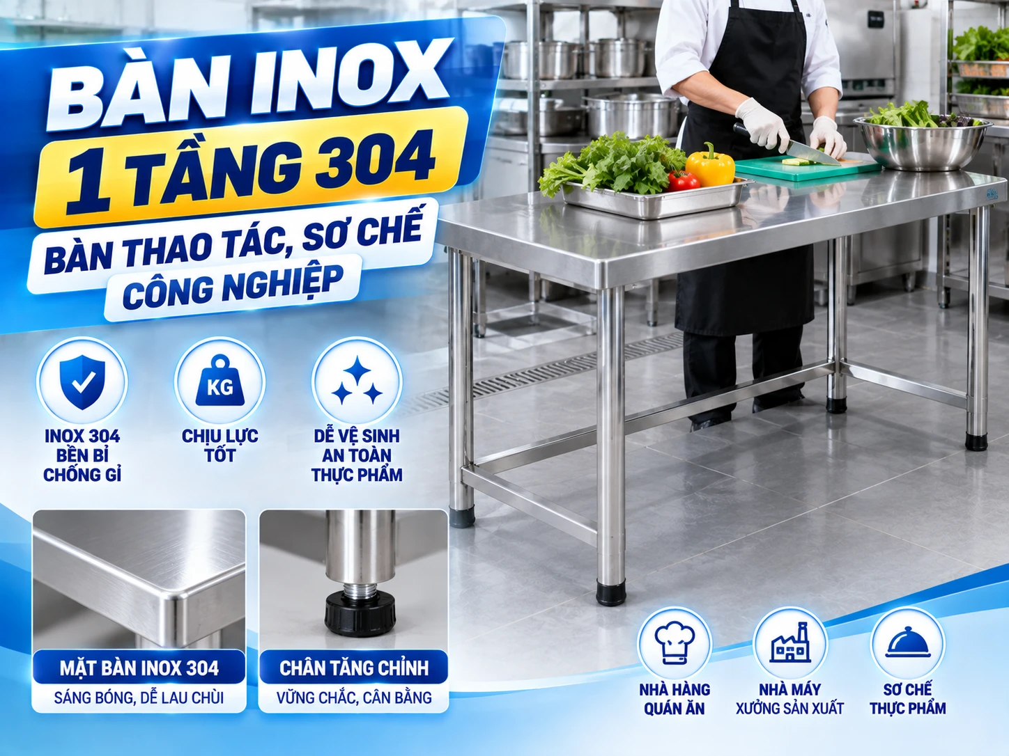 Bàn inox 1 tầng dùng cho thao tác và sơ chế công nghiệp