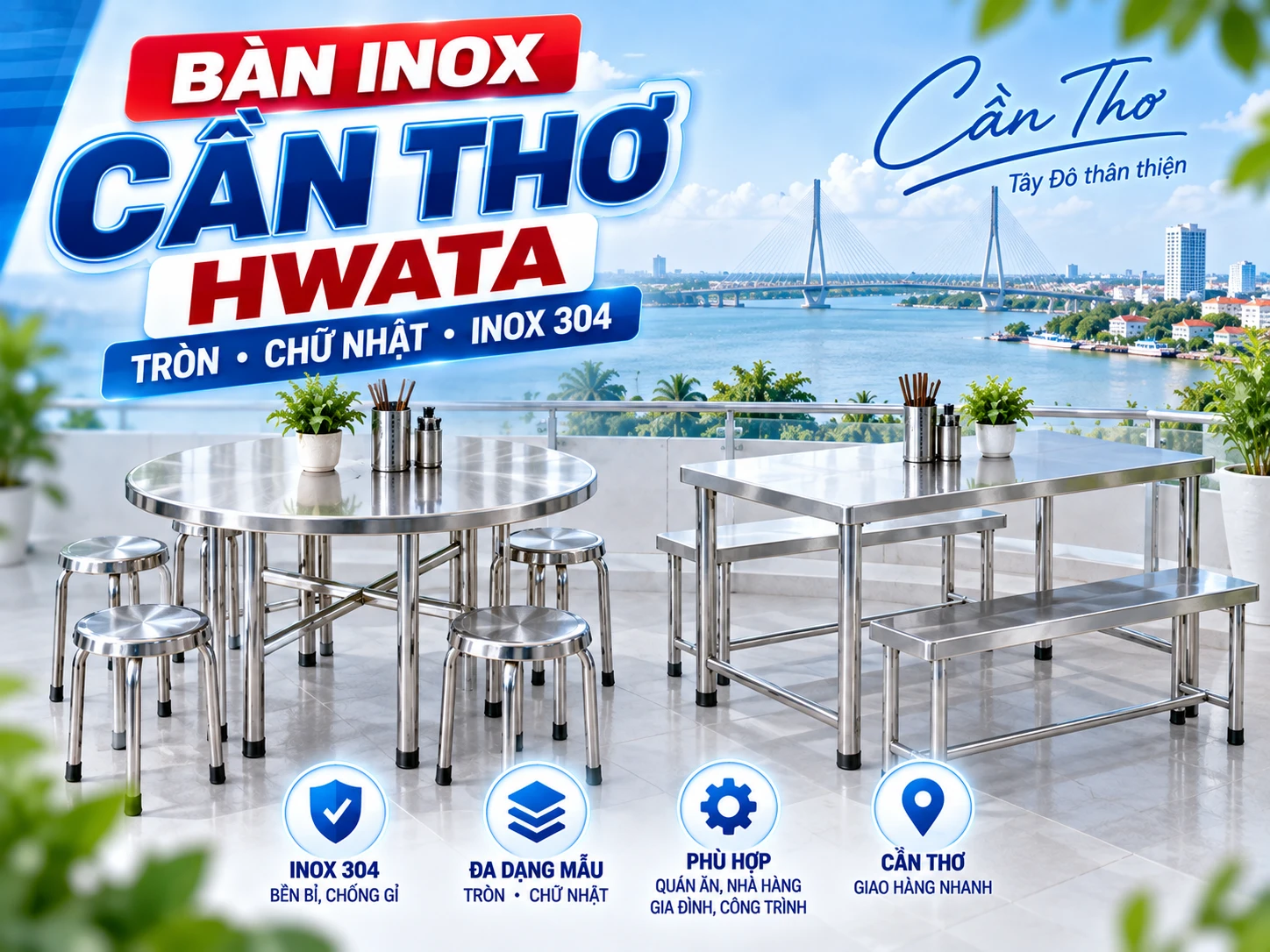 Bàn inox Cần Thơ HWATA cho gia đình quán ăn nhà hàng