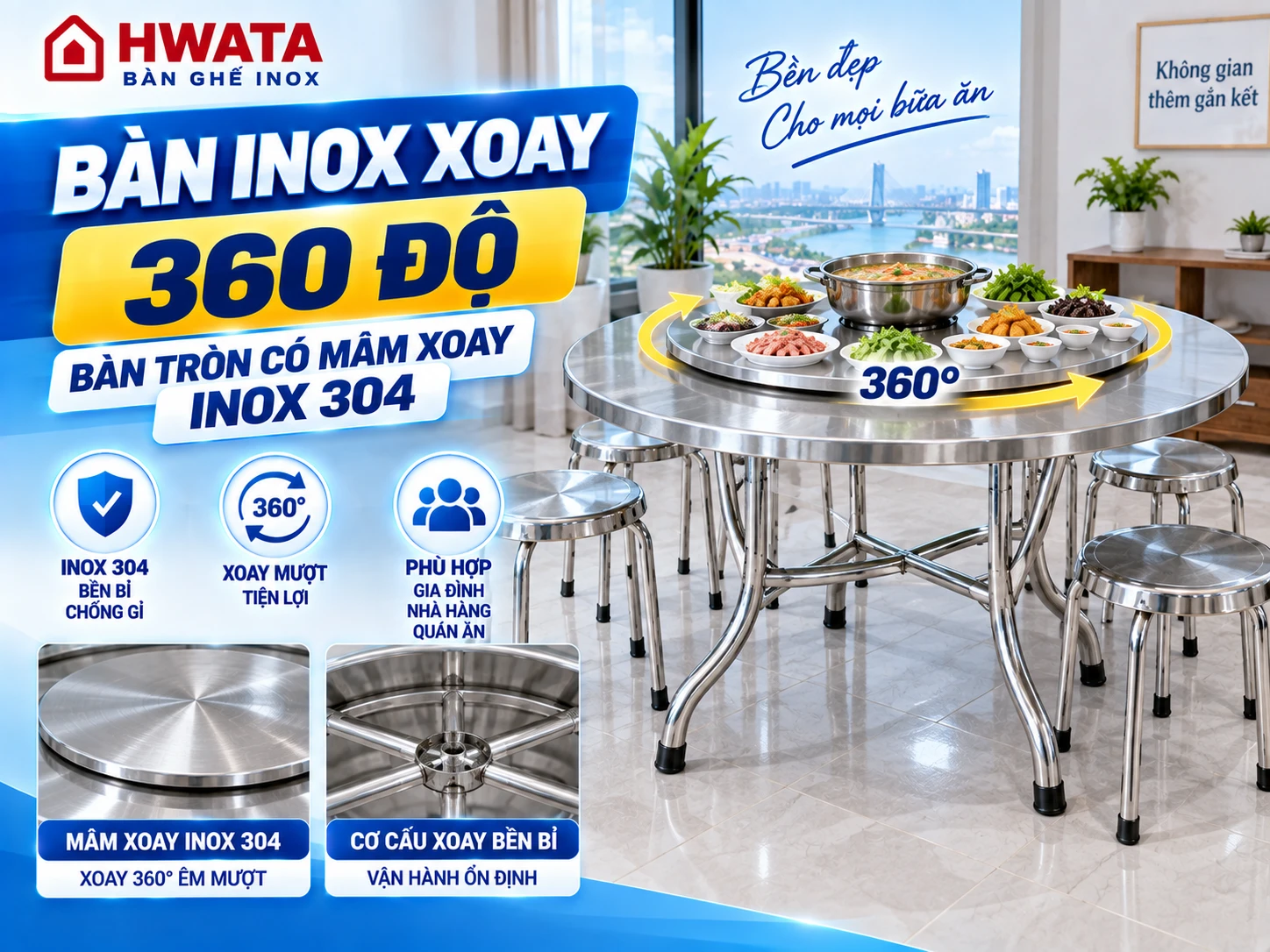 Bàn inox xoay tròn có mâm xoay 360 độ giữa mặt bàn