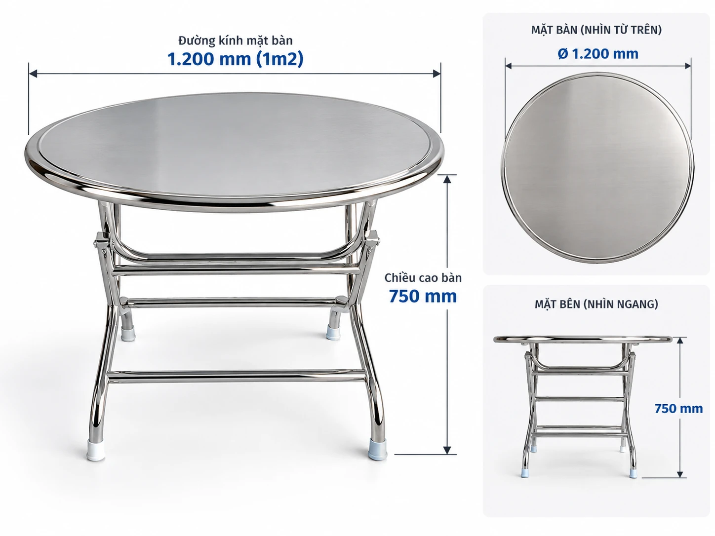 Kích thước bàn 1m2 đường kính 1200 mm cao 750 mm