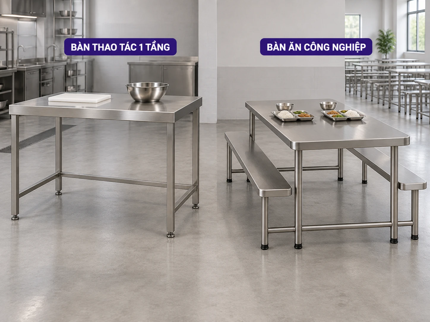 Bàn inox 1 tầng và bàn ăn inox công nghiệp Phân biệt bàn thao tác inox 1 tầng với bàn ăn inox công nghiệp