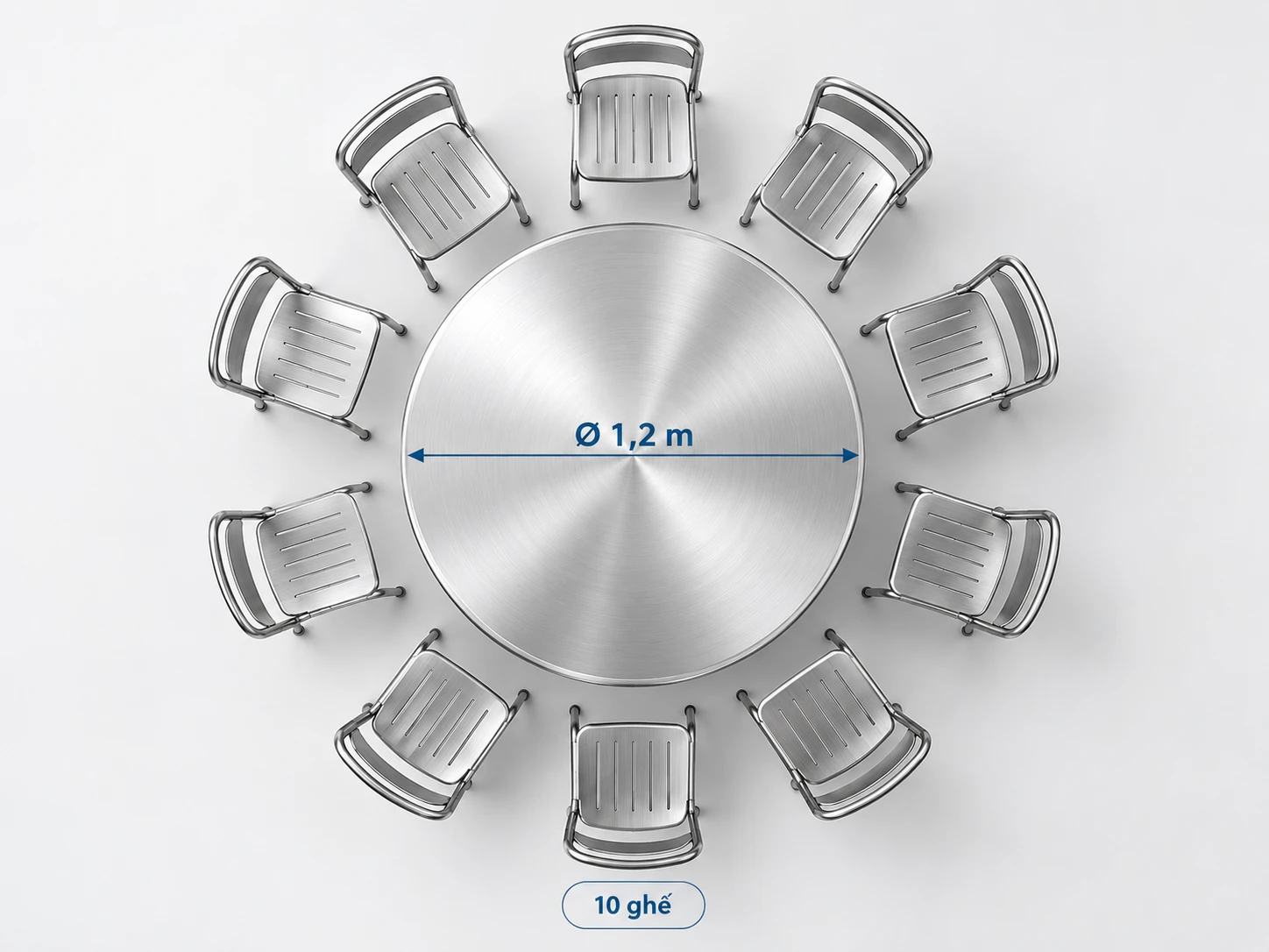 Sơ đồ 10 ghế quanh bàn inox tròn 1m2 BT12