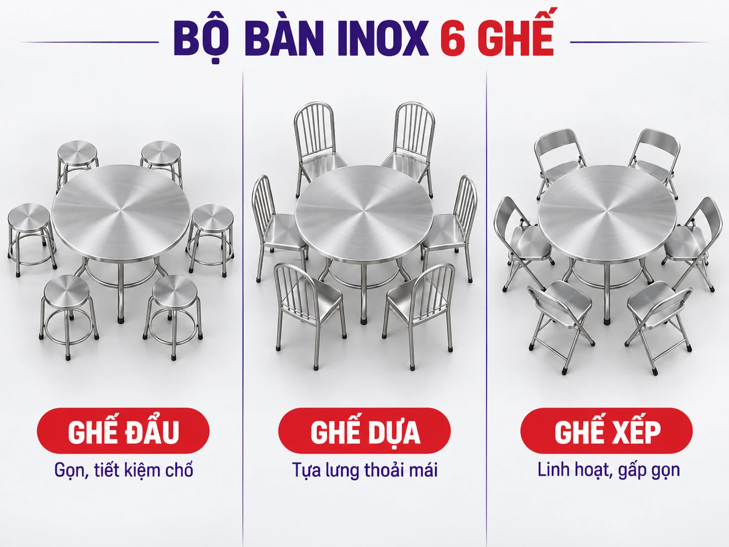 Chọn loại ghế cho bộ bàn inox 6 người So sánh bộ bàn inox 6 ghế đẩu ghế dựa và ghế xếp