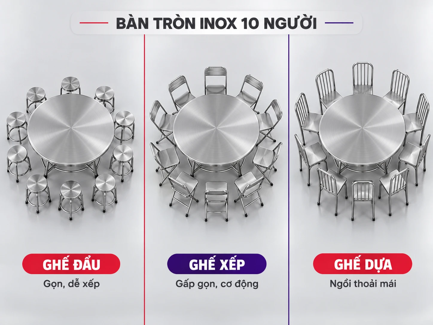 So sánh ghế đẩu ghế xếp và ghế dựa quanh bàn tròn inox 10 người