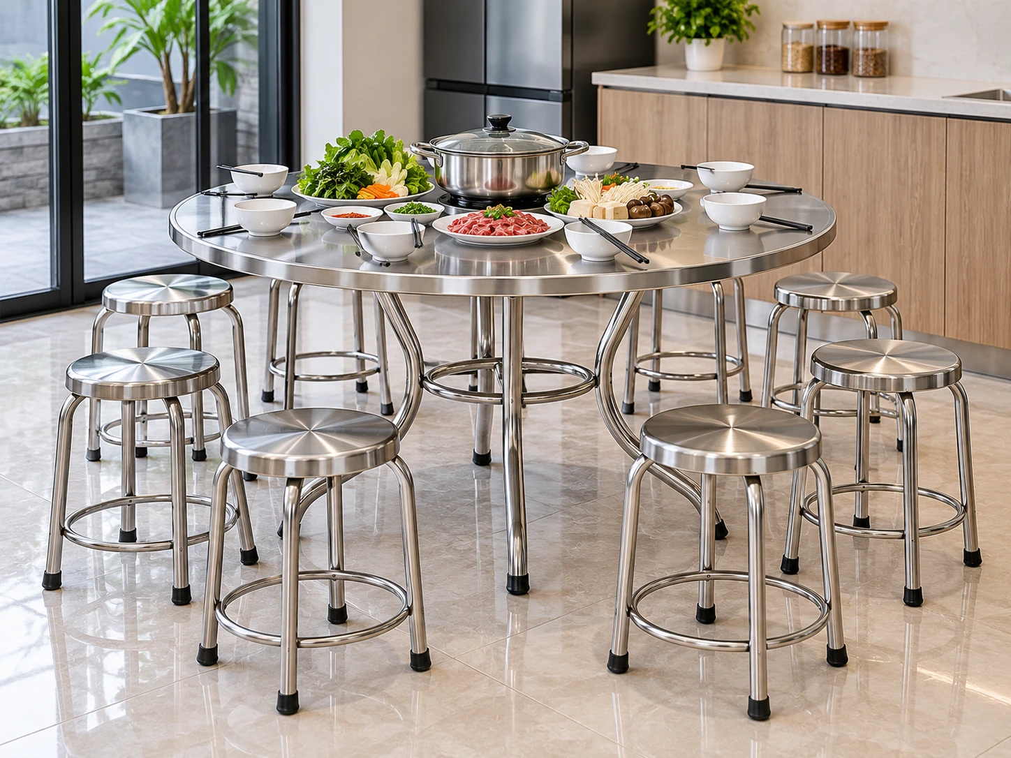 Bàn ghế inox đẹp kiểu bàn tròn màu bạc phối ghế đẩu inox không tựa