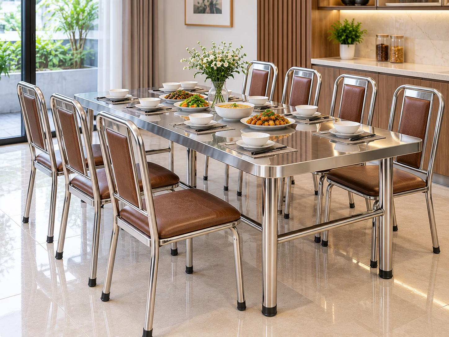 Bàn inox chữ nhật phối ghế có tựa và mặt ngồi bọc nệm trong phòng ăn dài