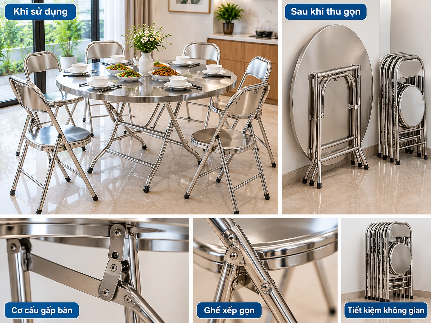 Bàn inox gấp phối ghế xếp inox minh họa khi sử dụng và sau khi thu gọn