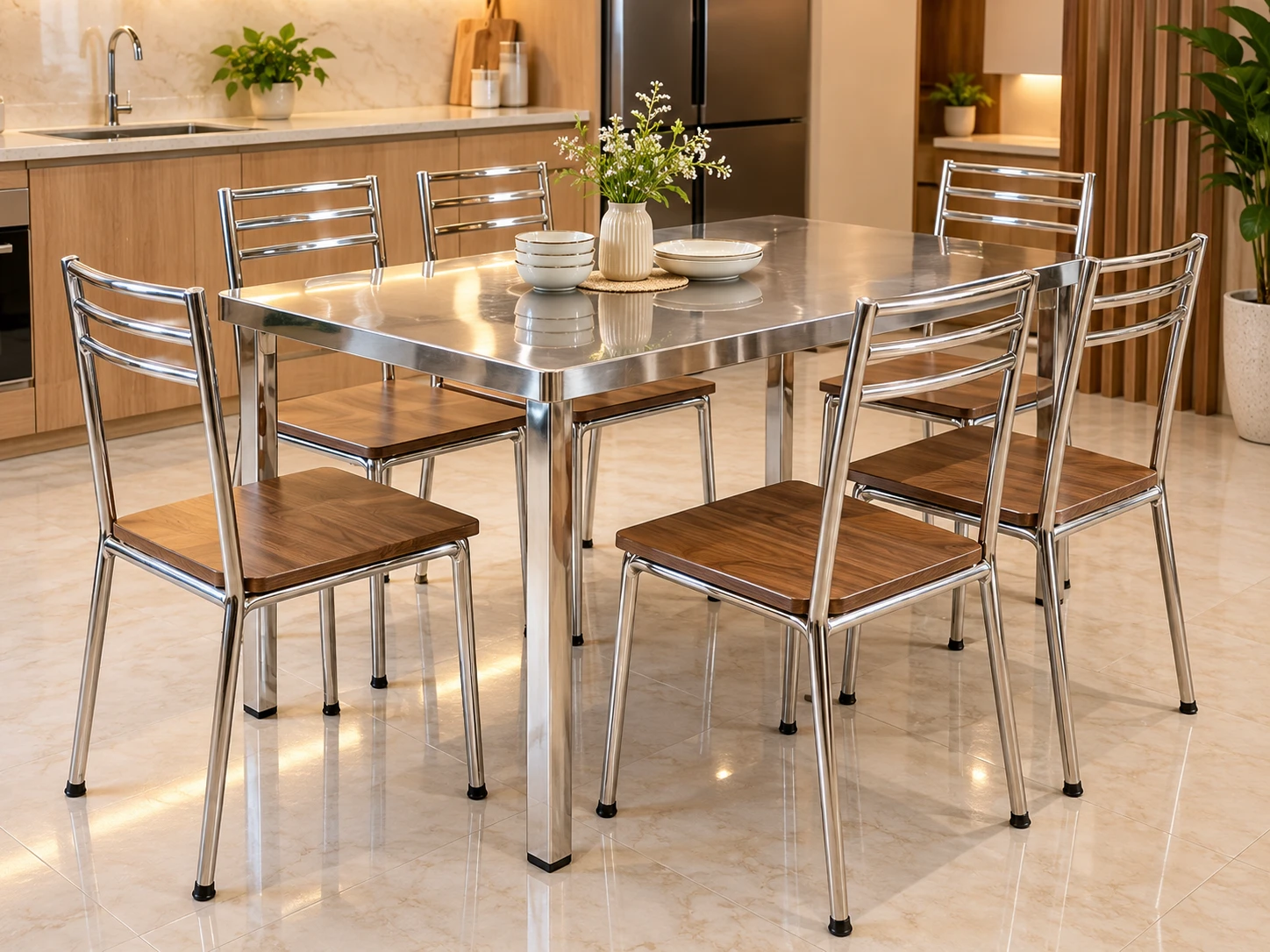 Bàn inox phối ghế khung inox mặt ngồi màu vân gỗ trong không gian nội thất ấm