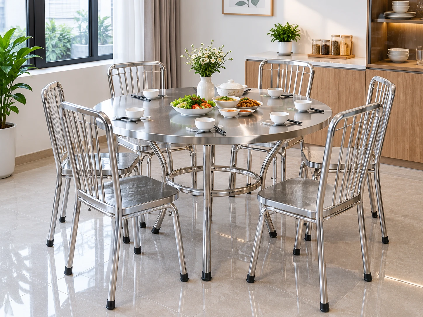 Bàn inox tròn kết hợp ghế inox có tựa lưng trong phòng ăn gia đình
