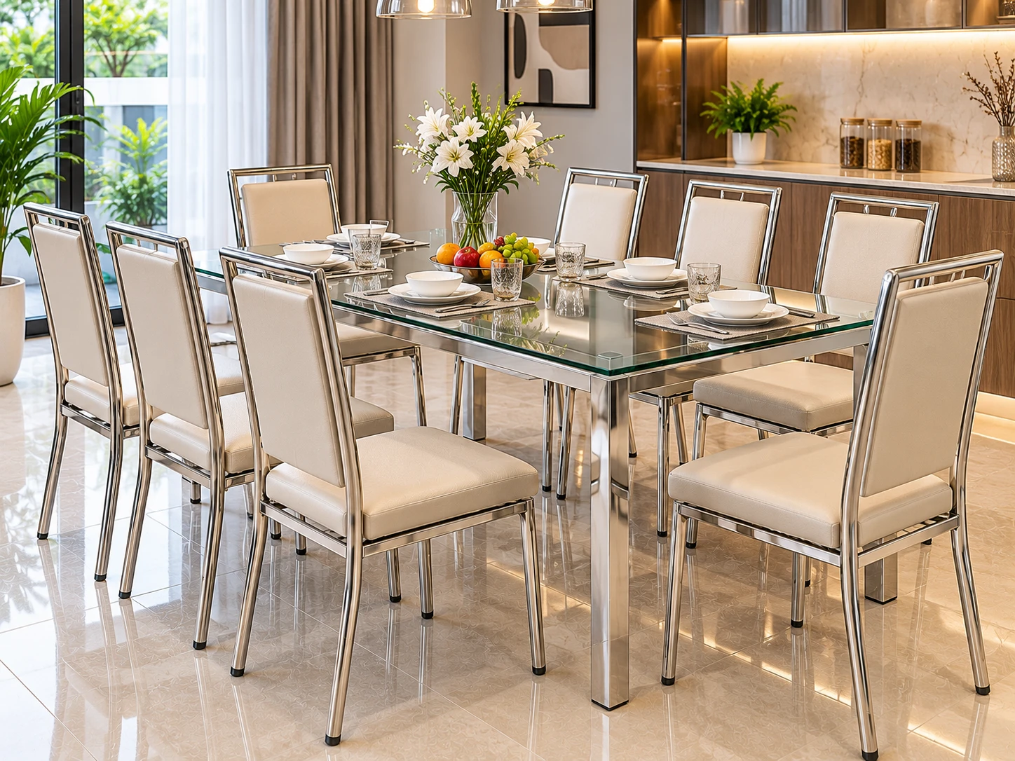 Bàn mặt kính khung inox phối ghế bọc đệm màu sáng trong phòng ăn hiện đại