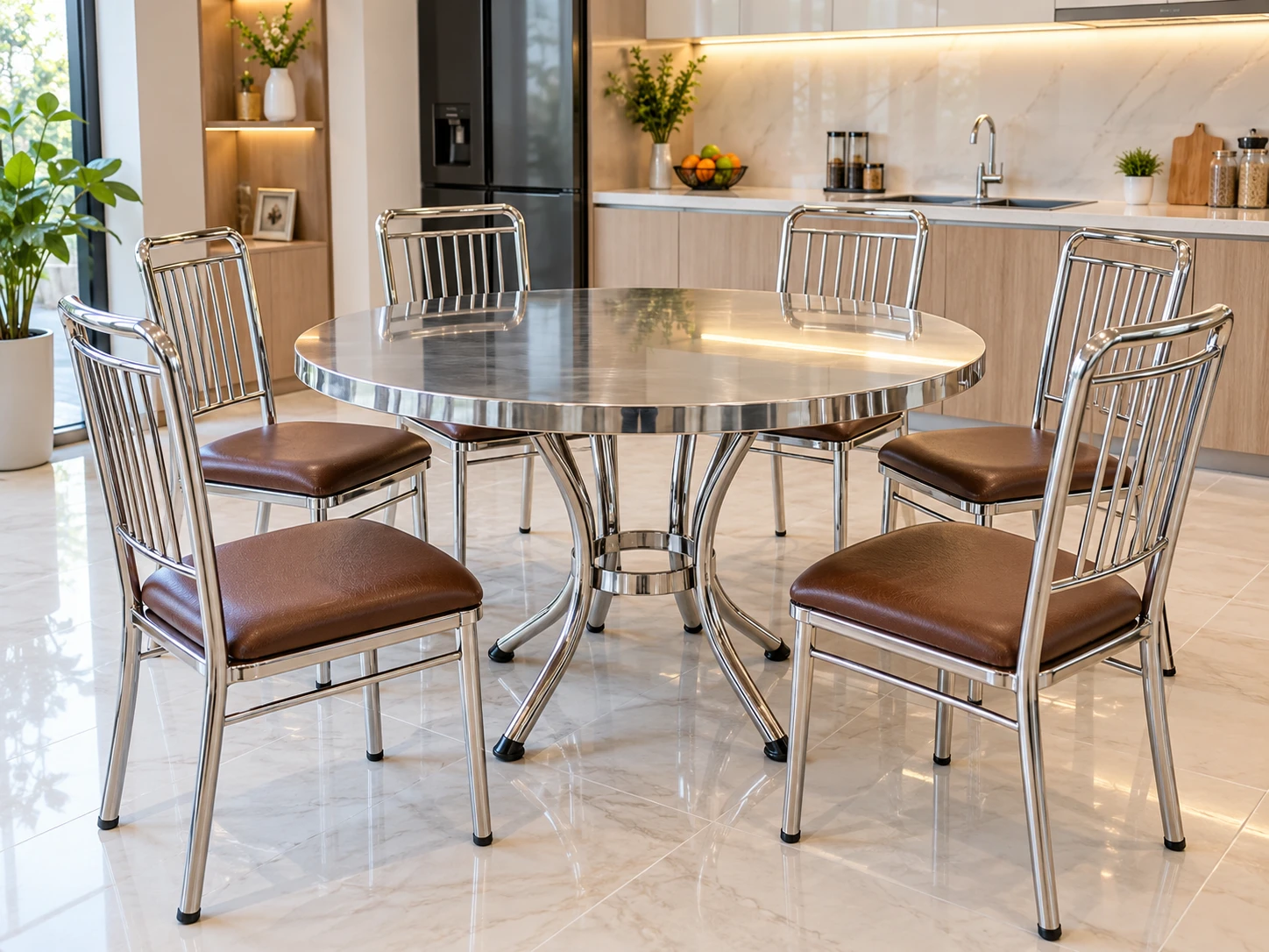 Bàn tròn inox màu bạc phối ghế inox mặt ngồi simili màu nâu