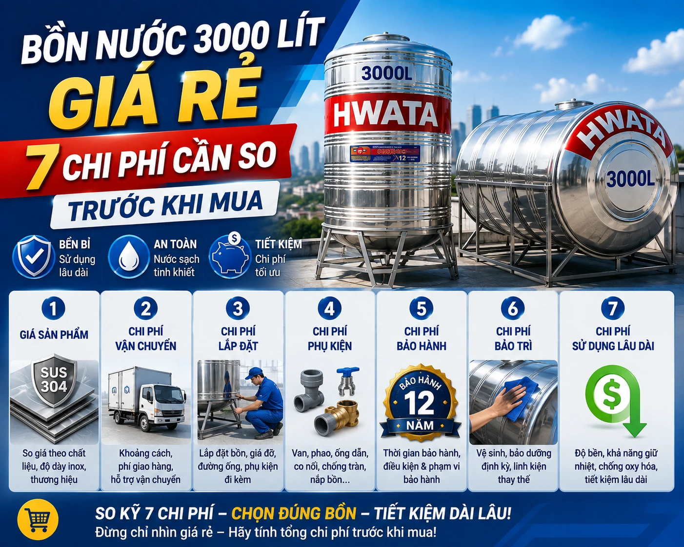 Bồn nước 3000 lít giá rẻ HWATA H3000D và H3000N