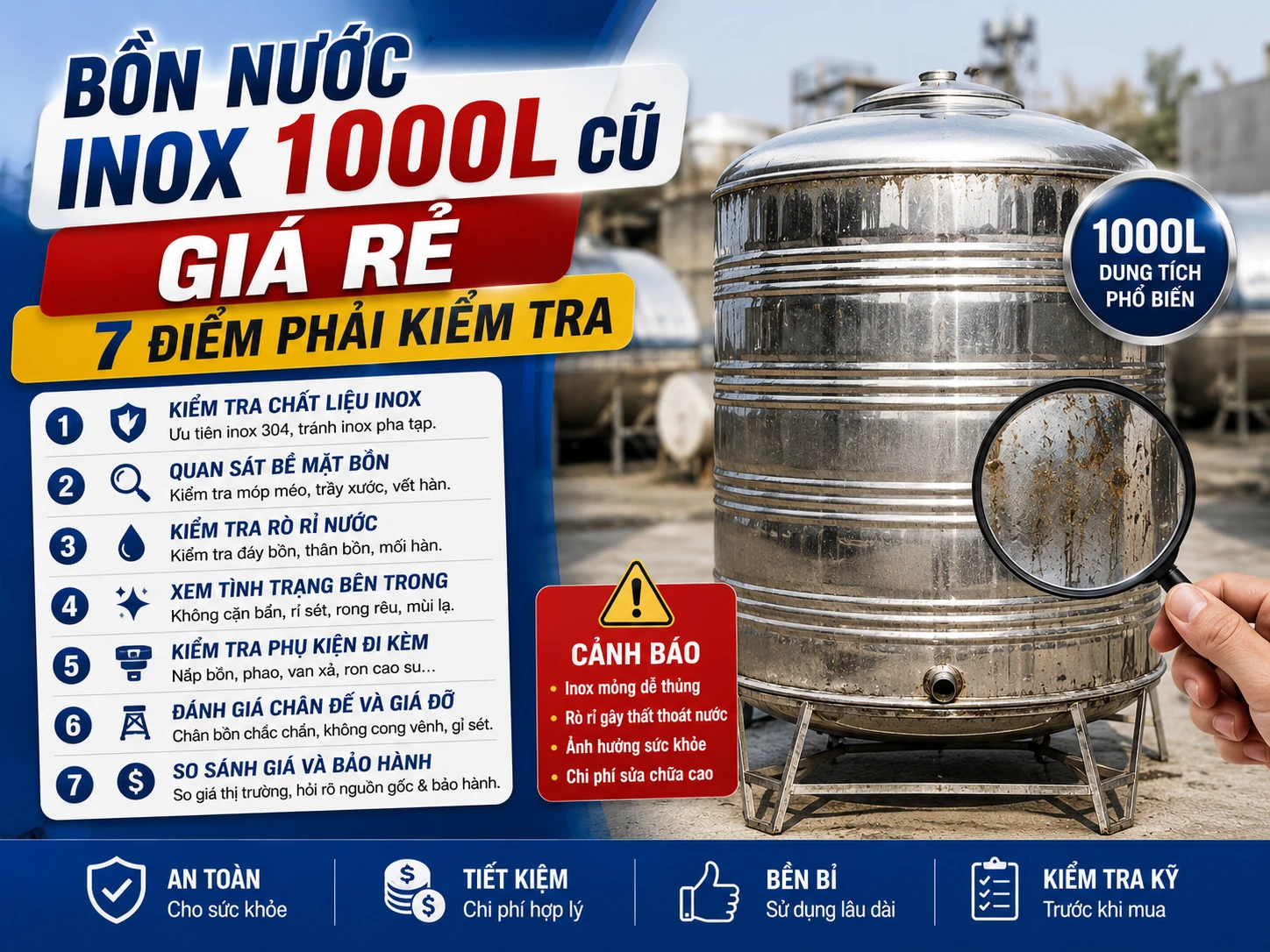 Bồn nước inox 1000L cũ giá rẻ cần kiểm tra trước khi mua