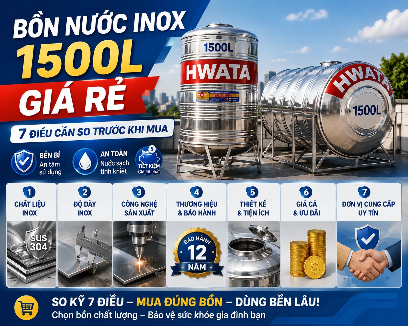 Bồn nước inox 1500 lít giá rẻ HWATA đứng và ngang