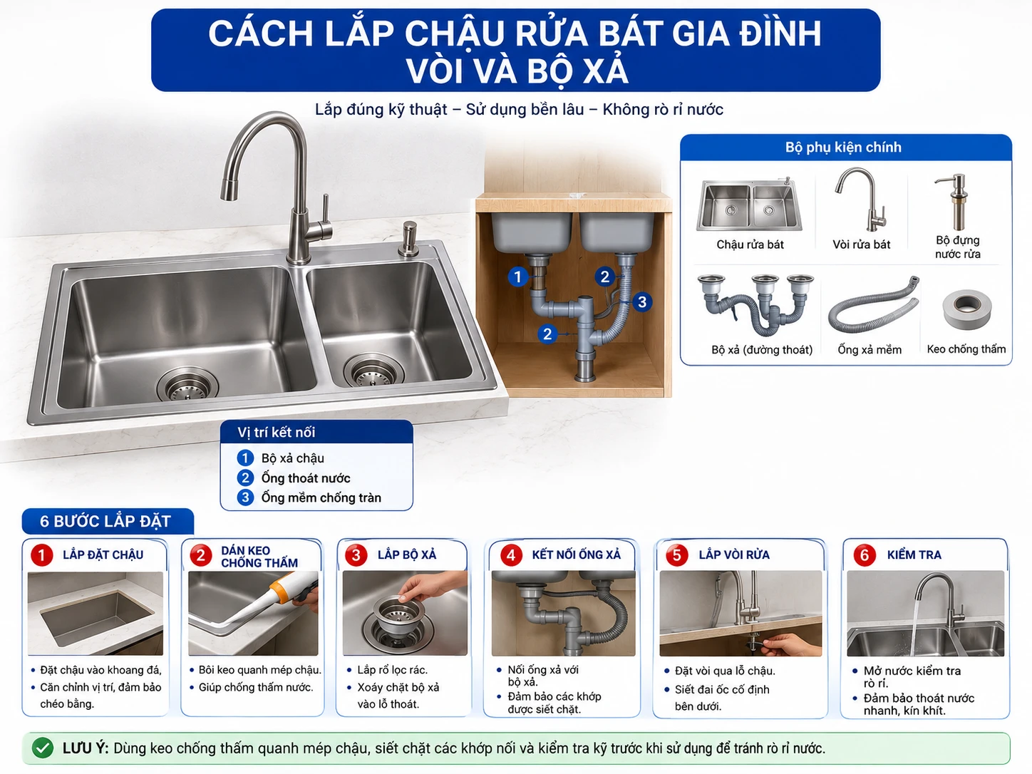 Cách lắp chậu rửa bát gia đình vòi và bộ xả