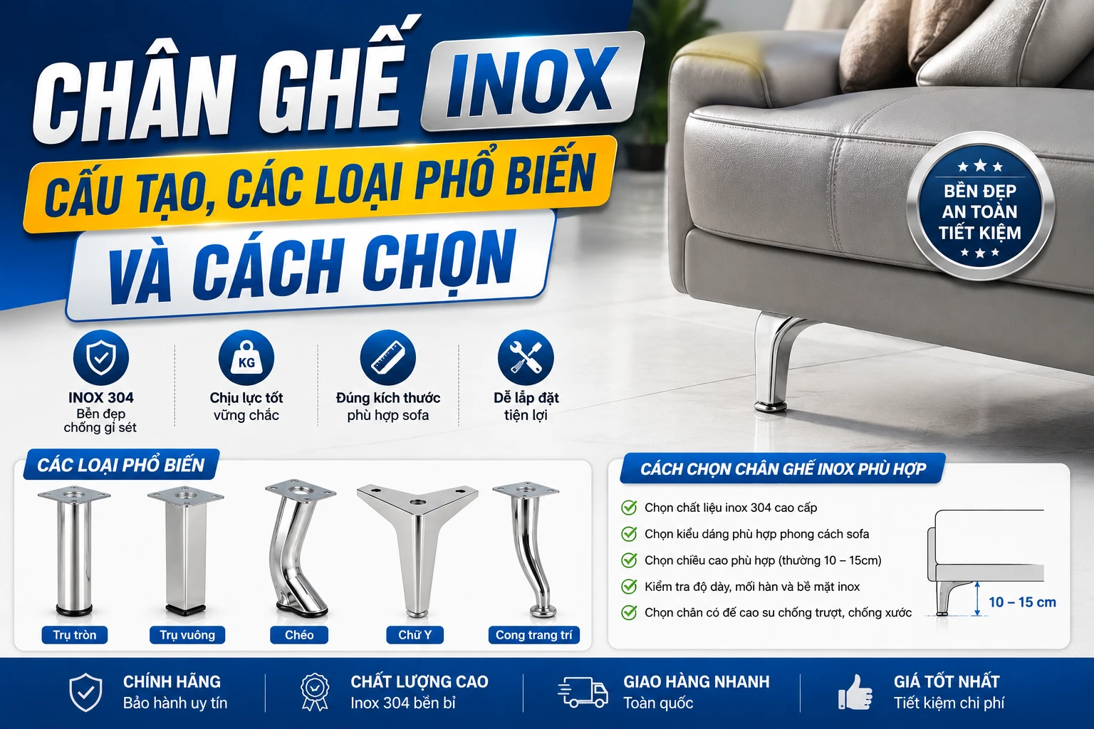 Chân ghế inox với cấu tạo khung và điểm liên kết