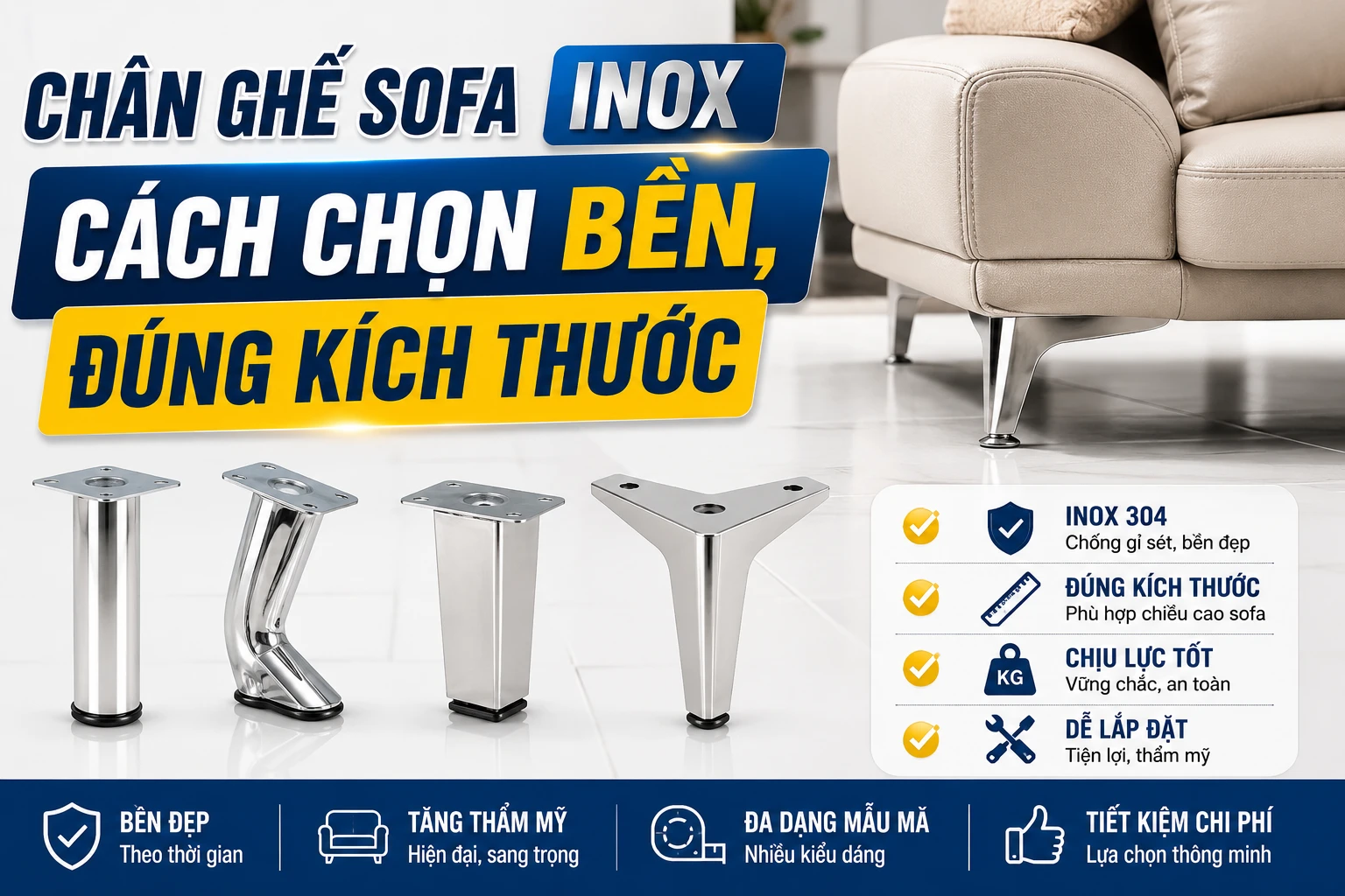 Chân ghế sofa inox và các vị trí cần kiểm tra khi lựa chọn
